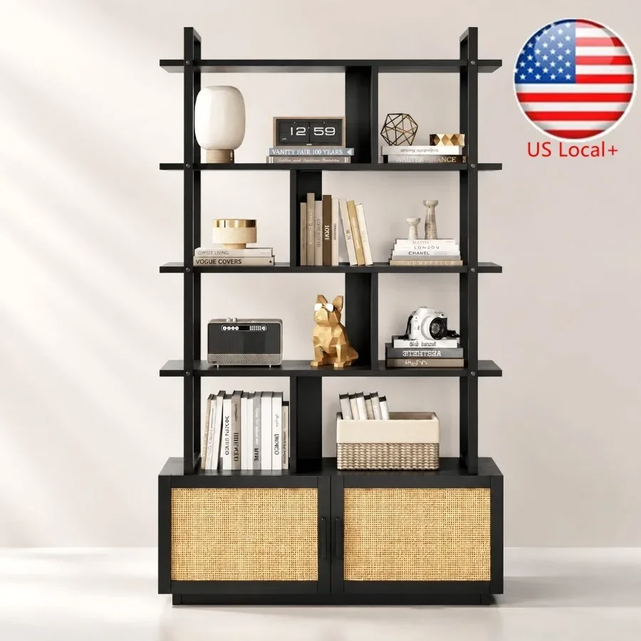 Bookshelf - ชั้นวางหนังสือหวาย 5 ชั้น พร้อมตู้เก็บของแบบมีประตู สูง 71.1