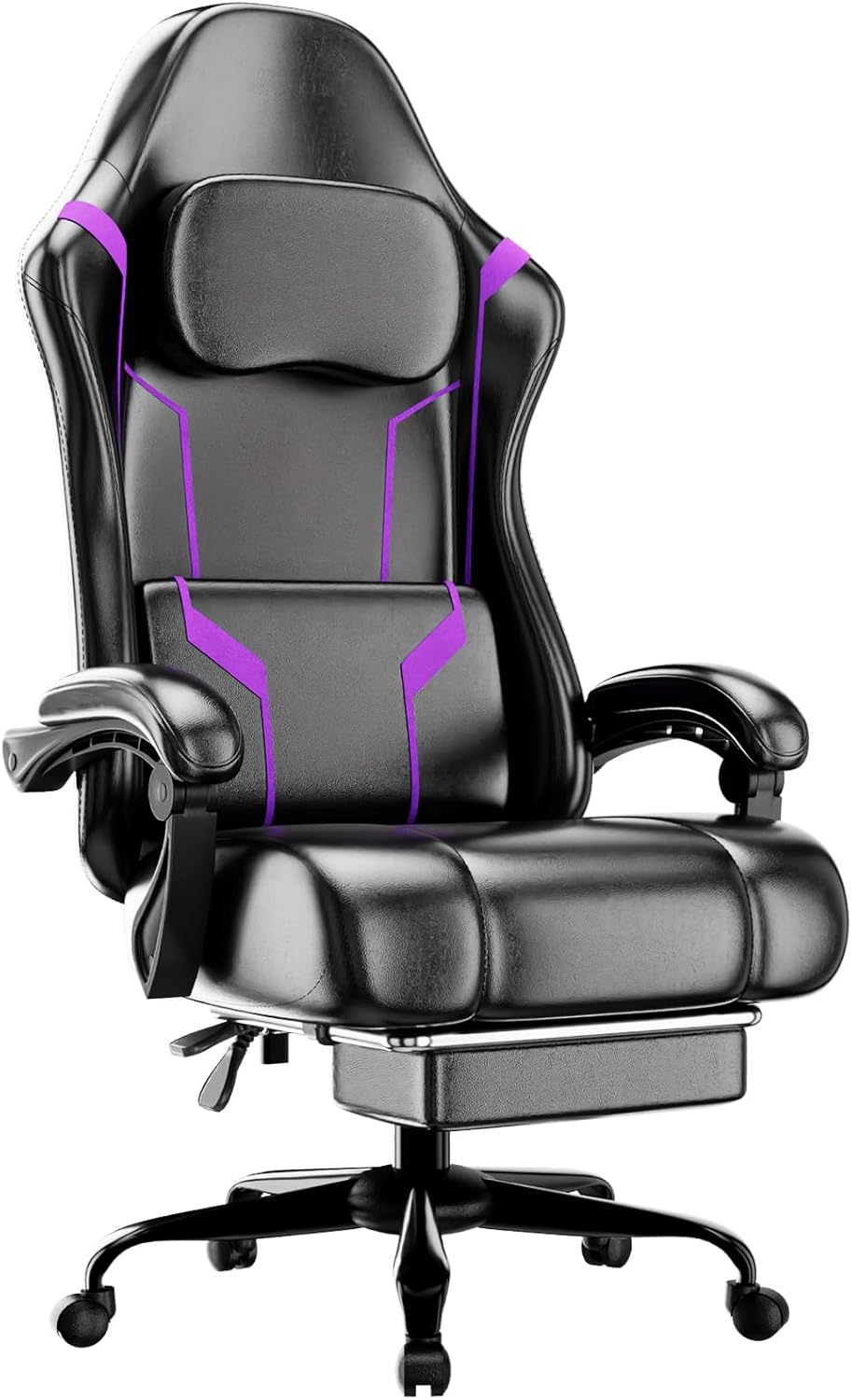 Office Chair Cushion - เก้าอี้เล่นเกมตามหลักสรีรศาสตร์พร้อมเบาะพ็อกเก็ตสปริงและที่วางเท้า เก้าอี้คอมพิวเตอร์แบบหมุนปรับความสูงได้สำหรับโฮมออฟฟิศ สีม่วง
