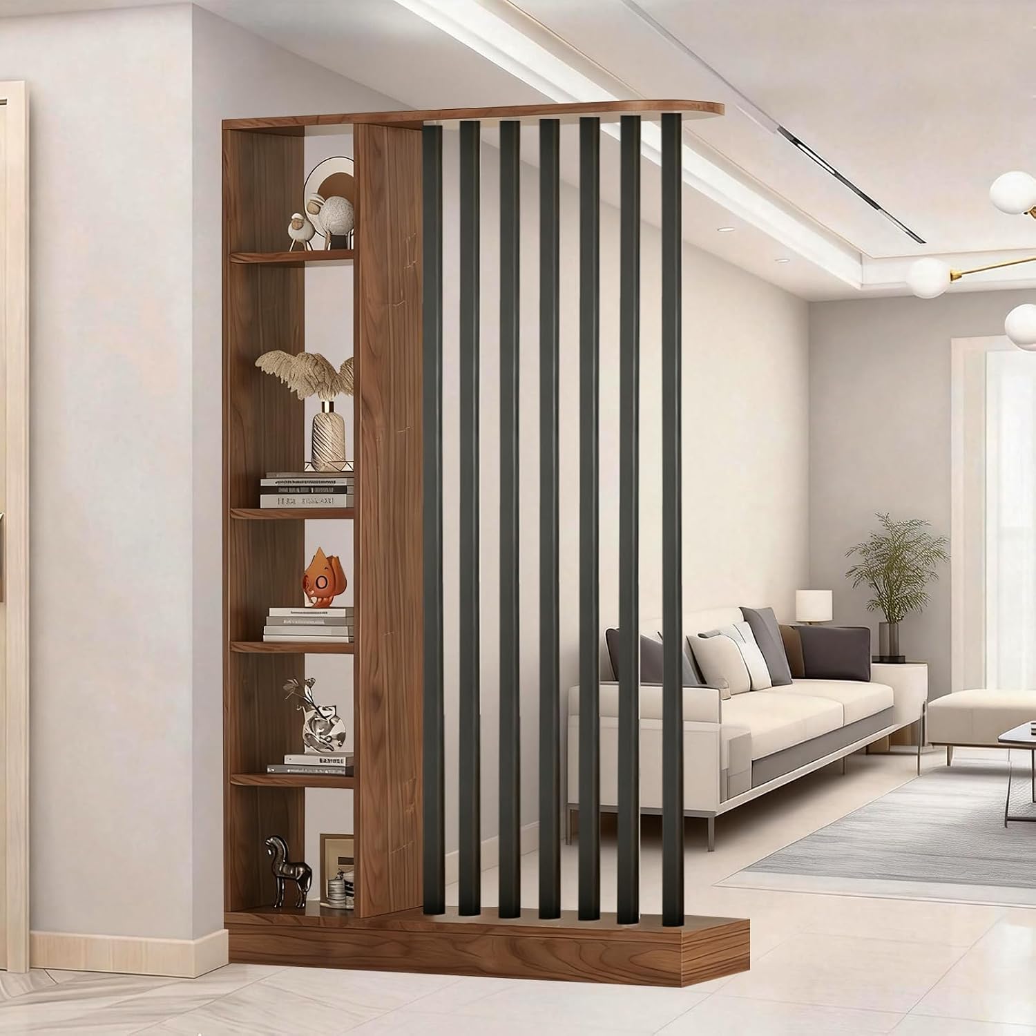 Partition Screen Divider - ฉากกั้นห้องสูงจากพื้นถึงเพดานพร้อมชั้นวางของและตู้เก็บของ, ฉากกั้นทางเข้าห้องโถง, ฉากกั้นไม้, ขนาดยาว 39.4 x